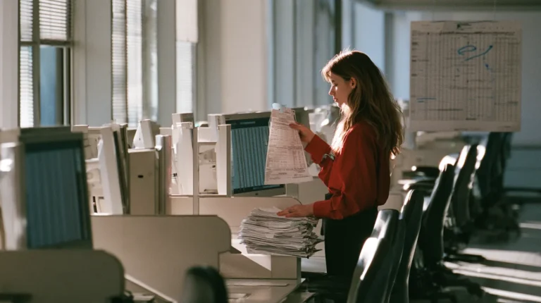 A payments operations analyst standing at her desk checking a printed batch of customer payment records against a screen in a bank operations room before the ISO 20022 address deadline.