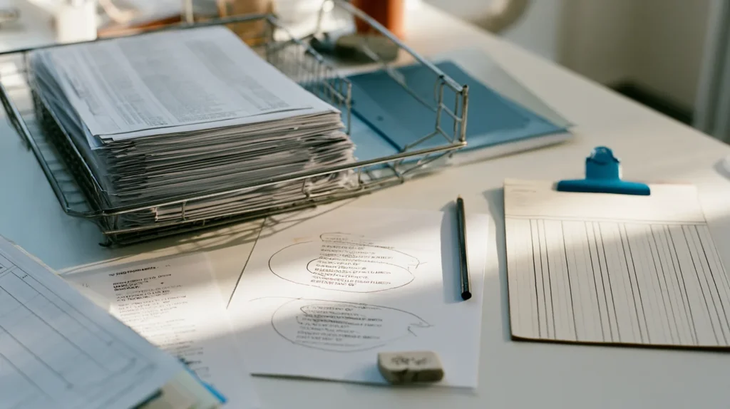 Printed address records on a desk with the same town and country line circled twice in pencil beside a hand ruled mapping worksheet for ISO 20022 address migration.