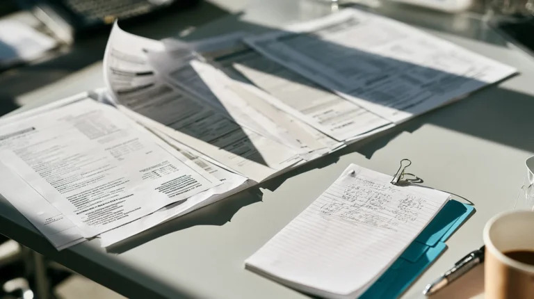 Five vendor pricing sheets fanned in a row on a desk beside a handwritten notepad of measured trace usage, the working papers behind an LLM observability cost comparison