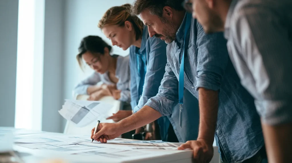 Three colleagues at a meeting table comparing vendor pricing sheets against their own usage figures while one crosses an option out, the vendor selection step in an LLM observability cost review