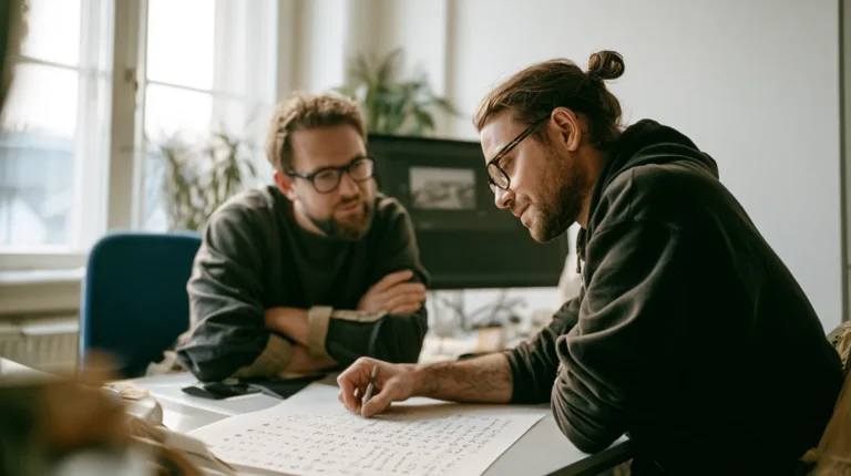 Two developers scoping a build against a handwritten enumerated list on paper with the keyboard pushed aside, the planning stage of Model Context Protocol server development