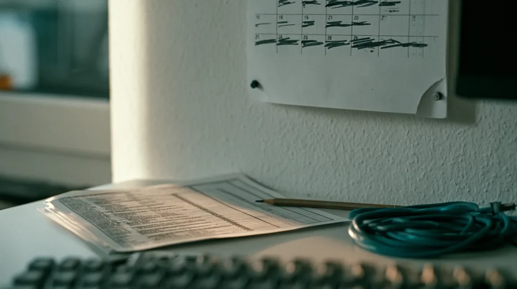 A developer desk holding a printed inventory of server primitives beside a wall-pinned calendar with dates struck through, the maintenance burden of running an MCP server against a moving specification