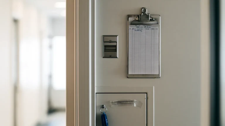 Close up of a secure door in a custody operations room with an access reader, a hand filled access log on a clipboard and a sealed cabinet for crypto-asset safekeeping.