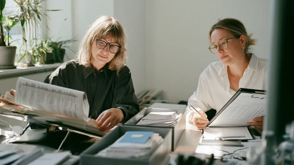 Two operations staff checking a printed client register against a clipboard sheet with two separate document trays kept apart on the desk for MiCA asset segregation.