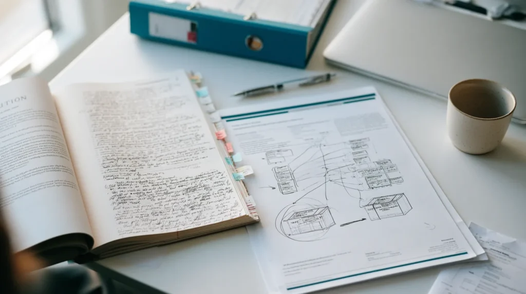 Overhead view of an annotated printed consultation chapter beside a marked up system architecture page on a desk, MiCA v2 engineering roadmap work.