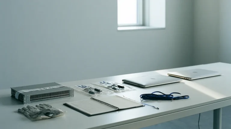 A rack hardware security module with a tamper seal, three numbered tamper evident pouches holding signing devices and three separate closed laptops on a key ceremony table, crypto custody key management compared.