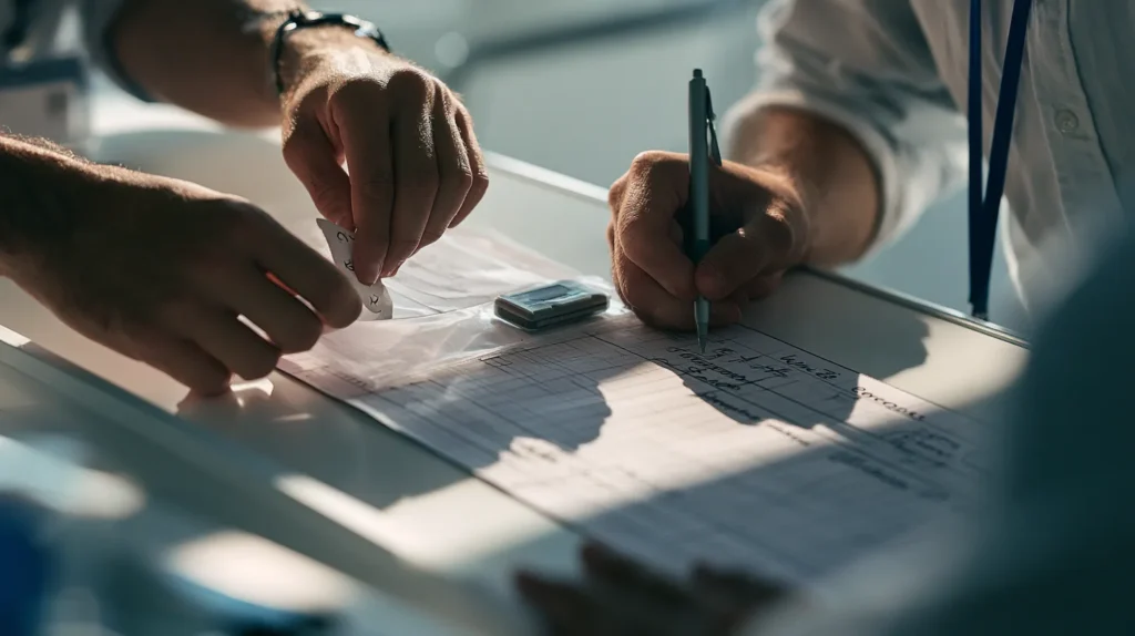 Close view of two custody operators opening a numbered tamper evident pouch and writing the step into a ruled ceremony log, crypto custody signing ceremony.
