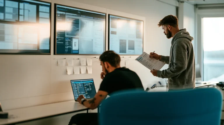 Two platform engineers in an operations room, one scrolling a deployment queue and one marking a printed onboarding runbook, the shared control plane of a multi-tenant SaaS platform