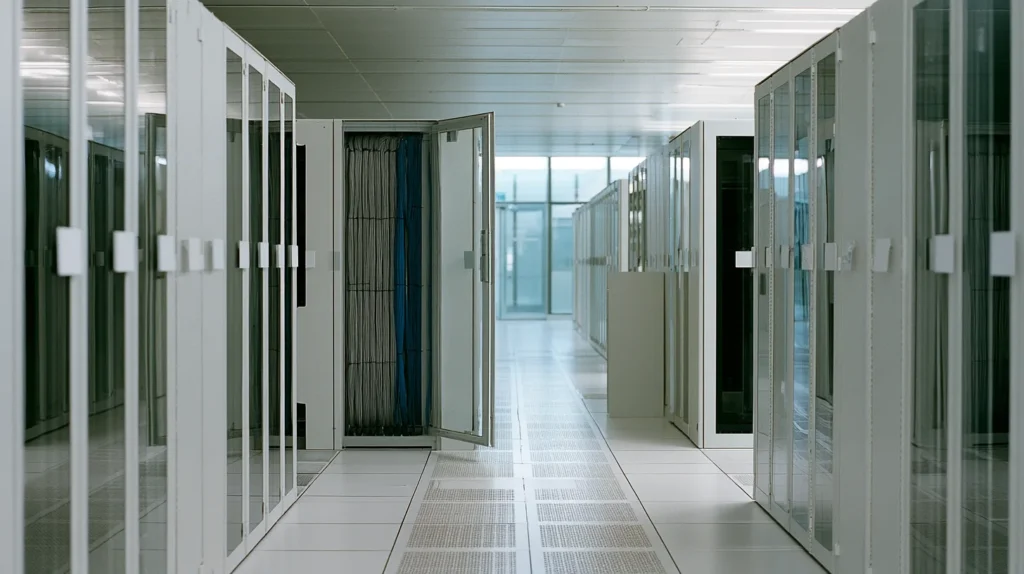 Data centre aisle where cabinets are grouped into separate short bays with gaps between them and one bay standing open showing combed patch cables, cell based multi-tenant infrastructure