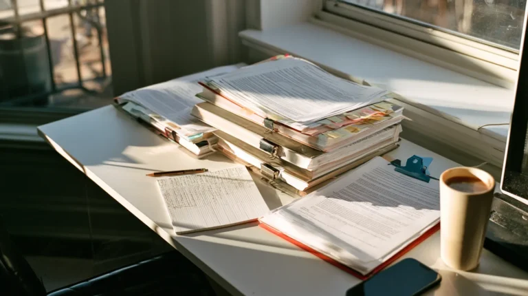Four bound scope documents of increasing thickness laid in a row on a founder's desk beside a hand ruled notepad, MVP scoping by complexity tier
