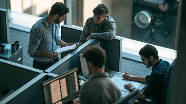 Duty analysts at a public sector security operations desk during a shift handover with a wall clock and a paper incident log between them.