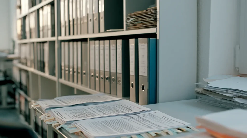 Three policy binders pulled forward out of a shelf run above a table holding printed policies open at tabbed pages.