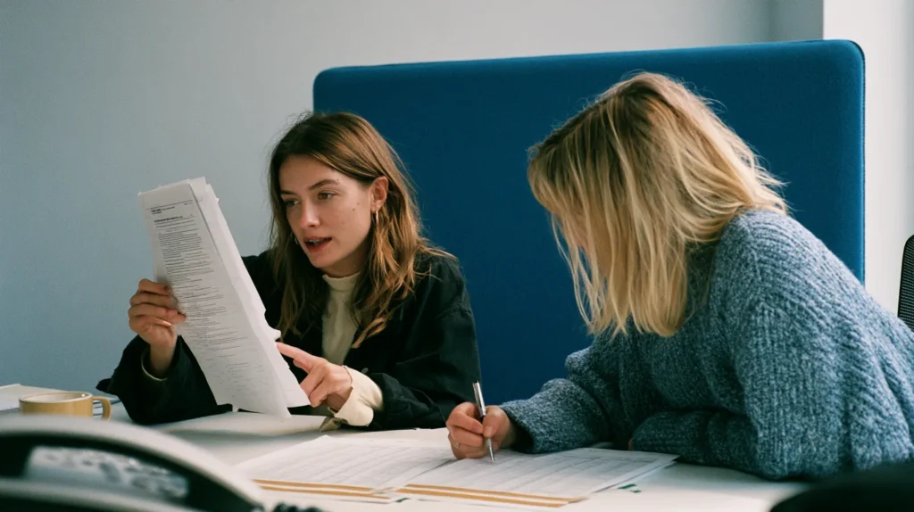 Two operations staff at a desk comparing client balances across several separate system reports while one reads aloud and the other marks a line, daily reconciliation for crypto wallet structures