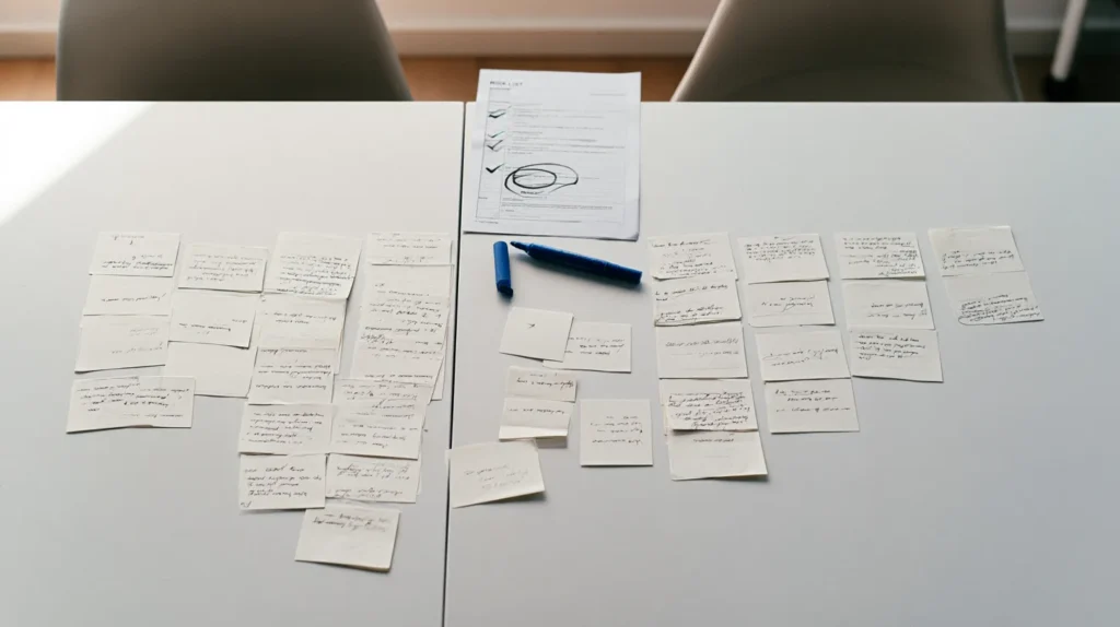 Overhead view of handwritten index cards sorted into three unequal columns on a table with a printed risk list and loose unplaced cards, deciding between a proof of concept, a prototype and an MVP