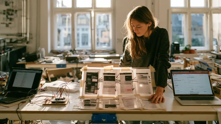 Engineer at a prototype bench between a wired test rig, a taped row of printed paper screen mockups and a laptop showing a working sign up form, proof of concept and prototype and MVP deliverables
