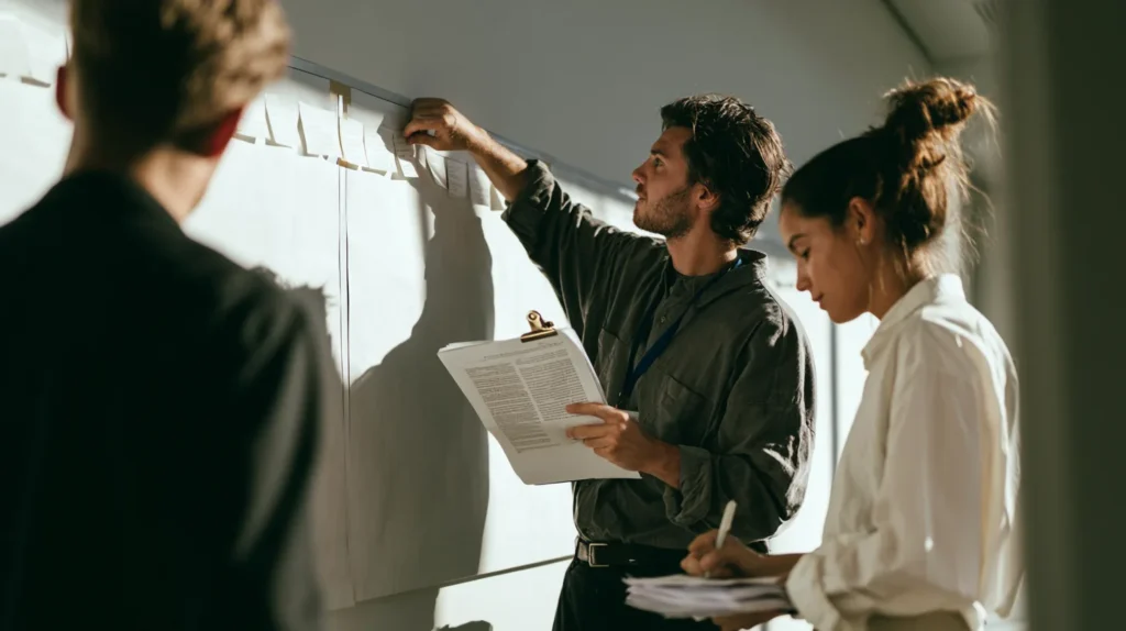Three colleagues at a paper wall planner moving small cards along a timeline strip while the start position stays empty, mapping PSD3 and PSR offsets