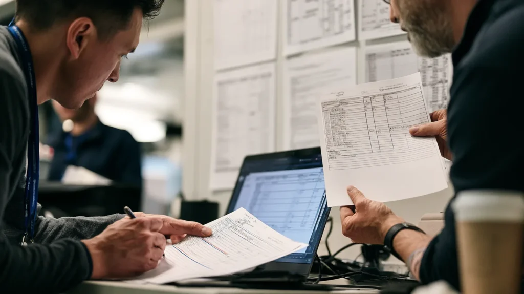 Hands and shoulders of two engineers striking a withdrawn source off a printed corpus inventory while checking a second sheet against a laptop.