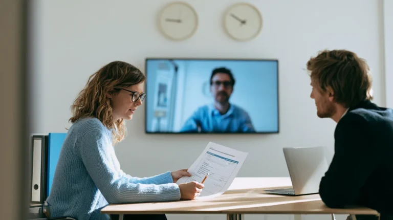Two colleagues in a video call room reading a printed client onboarding record during a call with a remote participant, illustrating reverse solicitation evidence under MiCA Article 61