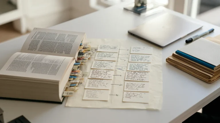 Overhead view of an open printed regulation volume with colour coded tabs beside two columns of handwritten index cards joined by pencil arrows