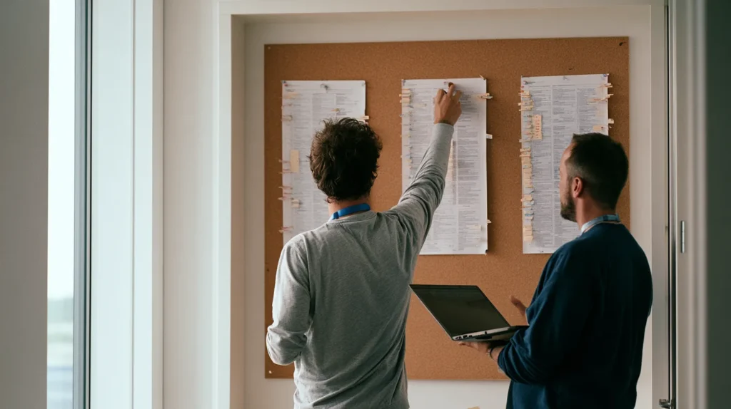 Two engineers standing at a cork pinboard where three printed specification documents hang side by side, moving a coloured tab between them