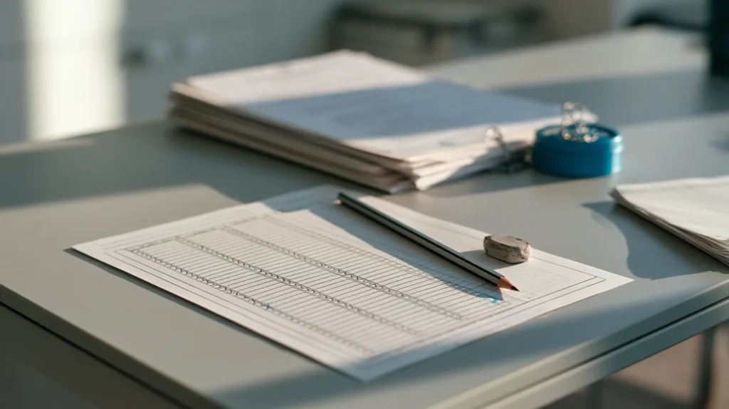 A printed checklist worksheet with pencil ticks and two blank rows lying beside two fanned stapled vendor proposals on a desk.