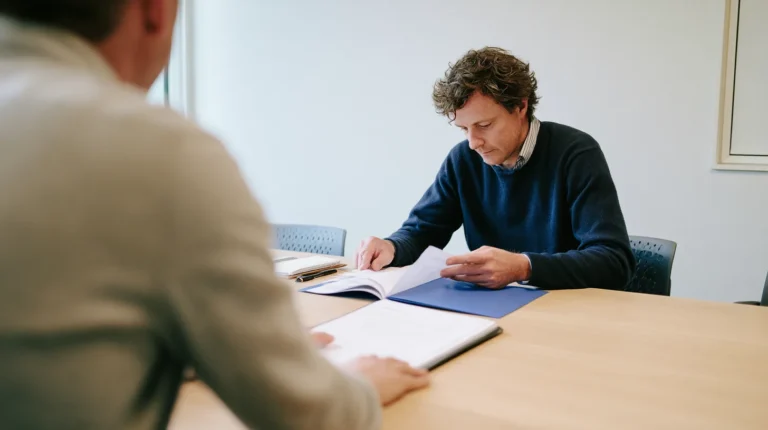 A bound evidence pack passed across a meeting room desk to a supervisor who is already opening it at the first divider, the supervisory evidence view of smart contract risk in crypto custody