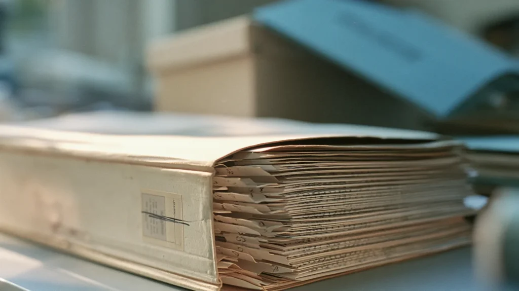 A bound evidence file lying open at numbered dividers with a retention label on its spine and an archive box behind it, the assembled evidence pack for smart contract risk in crypto custody