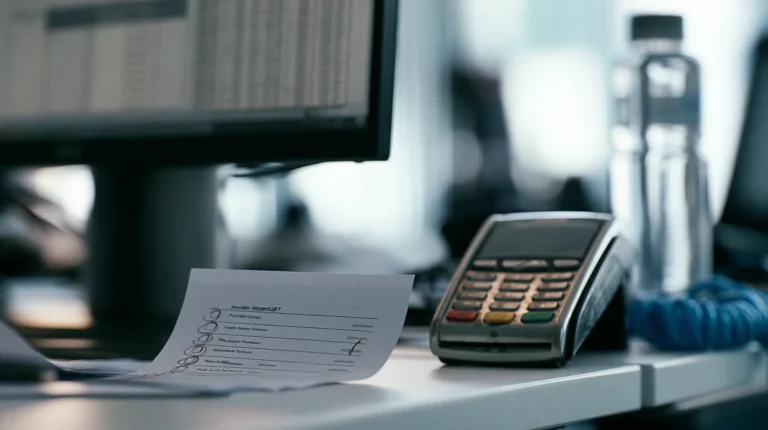 Close up of a printed payment provider shortlist with four entries circled and one crossed out, on a treasury desk beside a monitor edge and a card terminal.