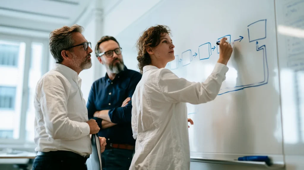 Three colleagues standing at a floor to ceiling whiteboard redrawing a payment flow of plain boxes and arrows in a bright meeting room.