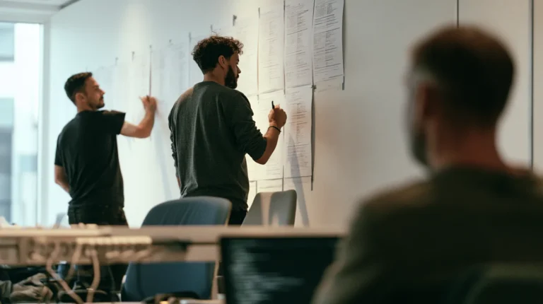Three people in a bright testing room reading a printed timeline taped in a row along the wall during a red team and blue team replay session.