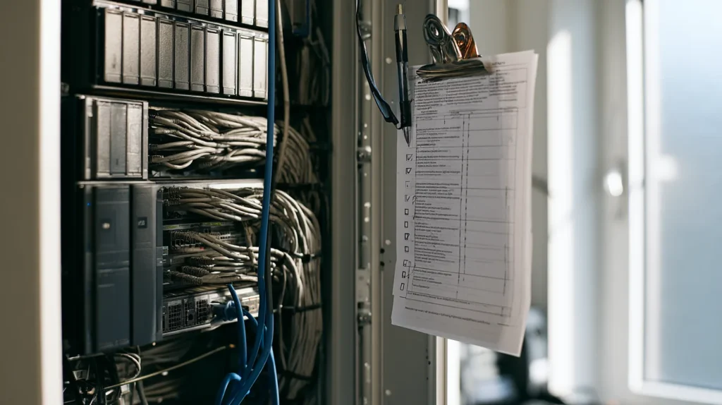 A hand ticked inventory sheet clipped inside the open door of an equipment rack in a bright utility room, with three rows left unticked.