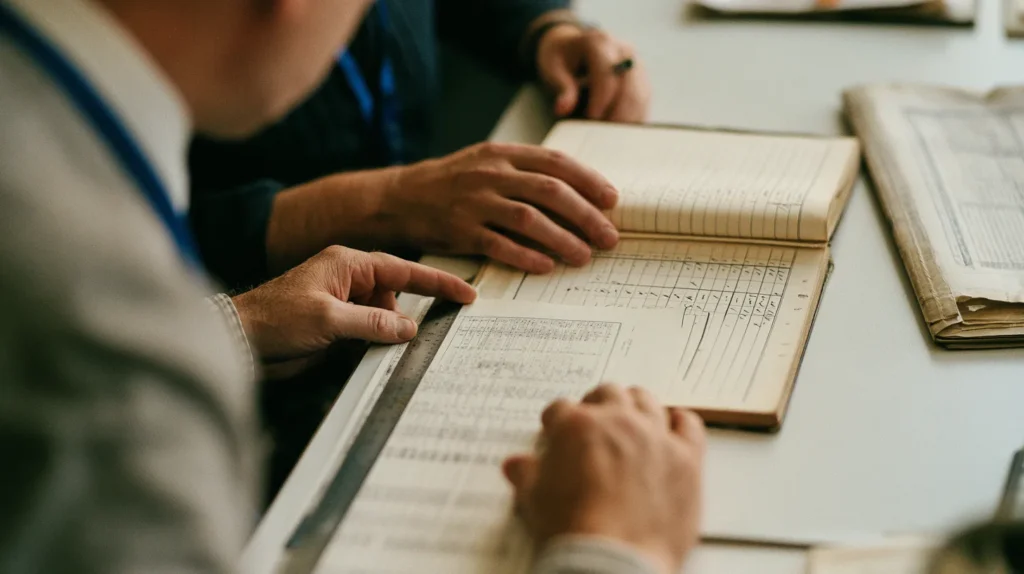 Two colleagues reconciling a printed ledger listing against a bound shareholder register row by row