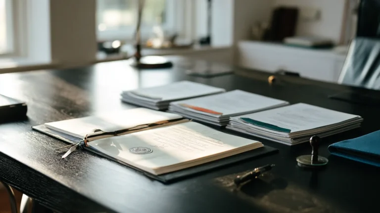 An open bound property deed with a ribbon and an embossed seal on a notary desk, beside four separate stapled sets of company formation papers squared up in a row.