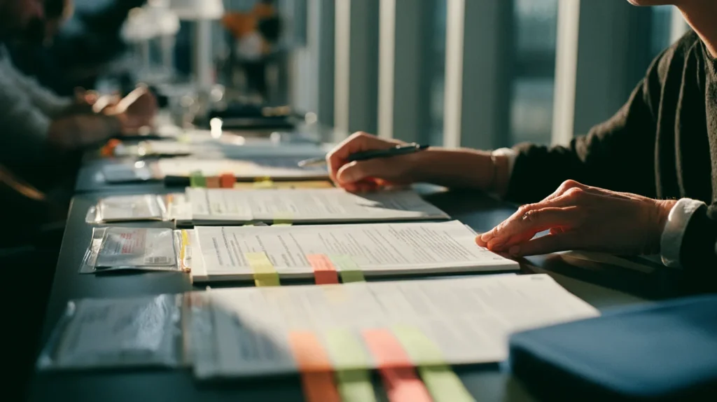 Hands of two people laying four flagged document sets in a row along an airport lounge work desk while comparing them.