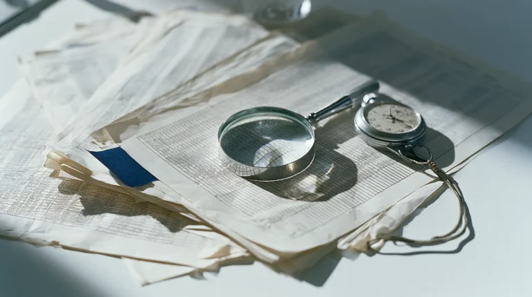 Printed routing directory pages spread across a table with one entry tabbed and a magnifier resting on it beside a mechanical stopwatch, the lookup and the fixed clock in a Verification of Payee build