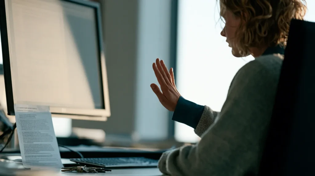 A person at a desk pausing with a hand stopped short of confirming a credit transfer on a desktop banking screen, a printed instruction sheet beside the keyboard, the payer warning step in a Verification of Payee implementation