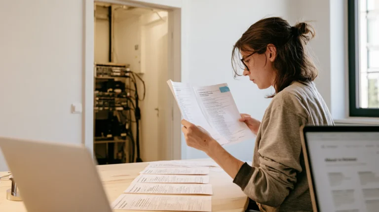 A research analyst at a bright desk holding two printed company profile pages side by side, one flagged with a small blue tab where they disagree, a row of ten more printouts laid out along the desk and an open server-room door with a rack of GPU servers visible behind her.