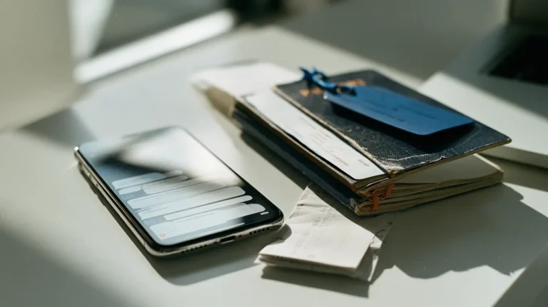 A phone showing a chat style layout resting beside a boarding pass and passport on a quiet desk, an AI travel agent assembling a flight booking