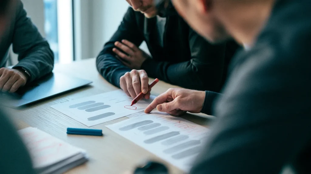 A product team annotating a printed chat transcript beside a printed flight offer during a pre-launch evaluation review, testing an AI travel agent before it goes live