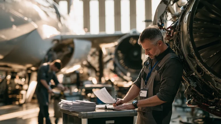 An aircraft technician in a hangar signing a paper work card on a clipboard beside an engine cowling.