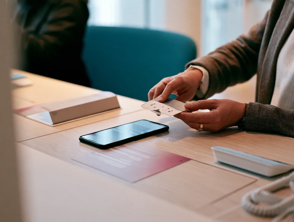 Bank staff freeing a new payment card from its carrier while opening a digital account.
