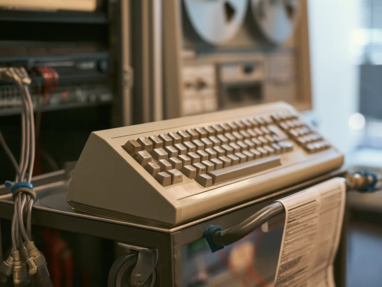 A worn beige terminal patched into an open modern rack during a core banking migration.
