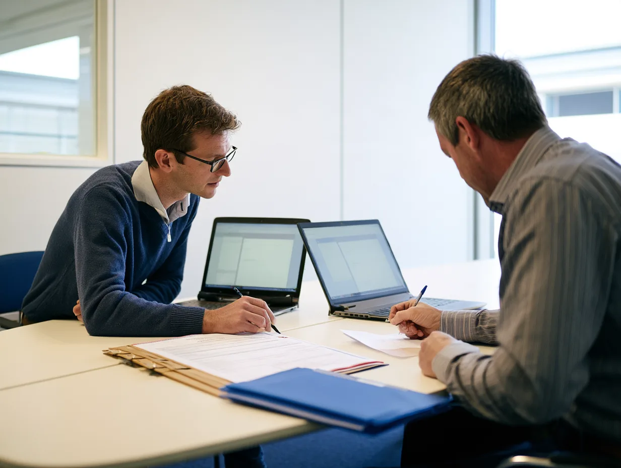 Engineers from a bank and a third-party provider working through a printed interface specification.