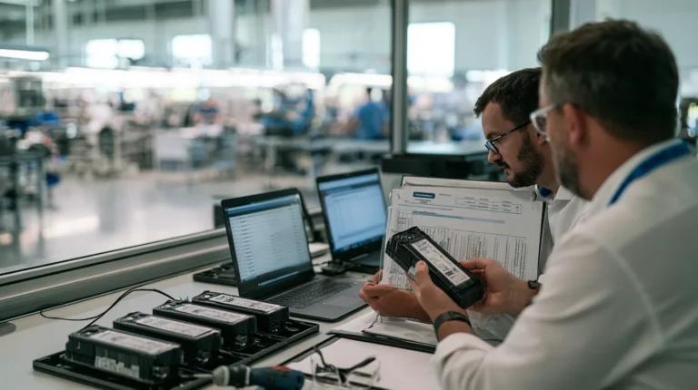 A quality engineer checking an individual battery pack's freshly printed serial label against a per-unit tracking list, with the model specification binder open beside it.