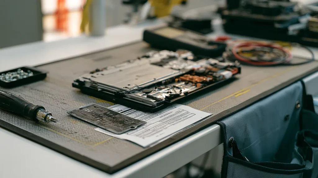 A worn original battery tag and a fresh replacement tag lying together with a linking work order between them on a remanufacturing workbench.