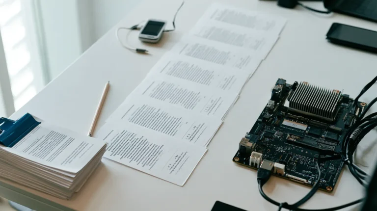 A still life on a white desk of ten printed company profile sheets laid in a row, a smaller pile of six sheets set aside under a blue binder clip, a hardware wallet signing device and a bare single-board validator node with an ethernet cable beside them.