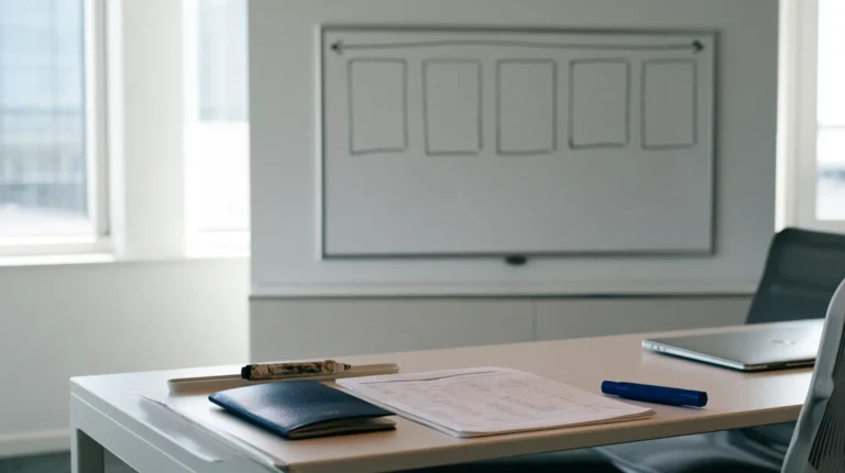 A whiteboard state diagram of boxes and arrows behind a passport and a printed itinerary on an empty engineering desk, the chain of states a booking engine moves a reservation through