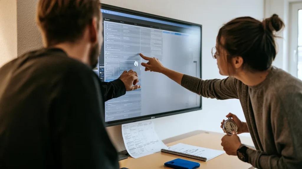 A small product team reviewing a booking record on a large screen at a standing desk, checking whether a reservation exists after a slow order-creation call