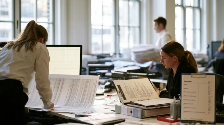 Operations staff at a coverholder checking a printed bordereau against the policy system before the monthly submission.