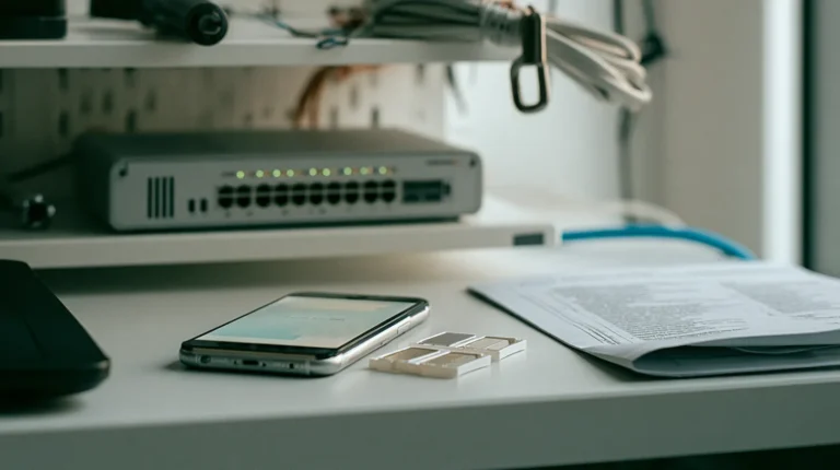 A smartphone lying untouched beside a SIM card tray and a small network appliance in a mobile operator's ops corner.